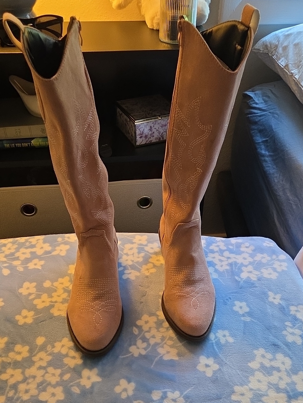 Over-The-Knee Western Boots in Blush Faux Suede